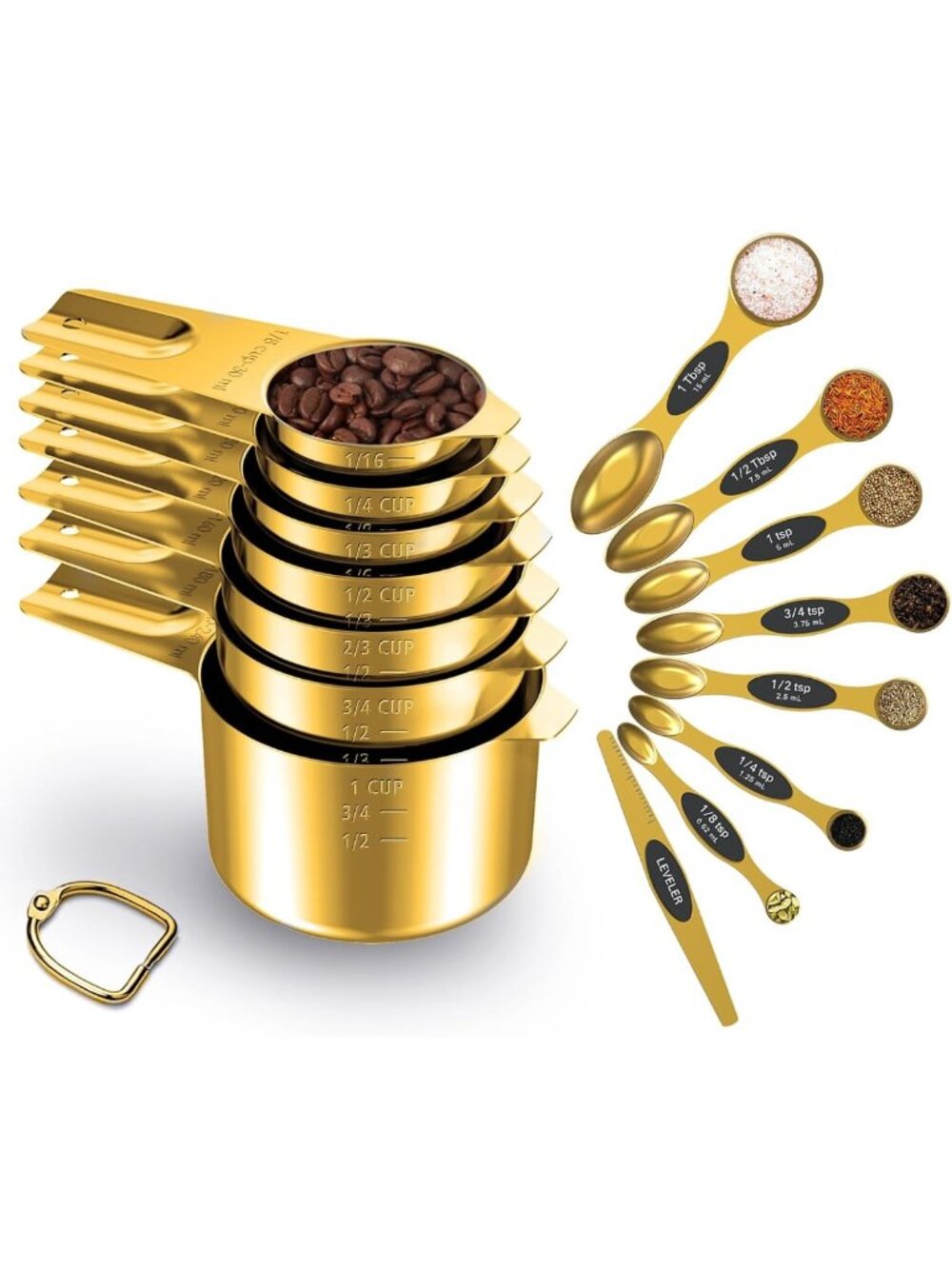 15-Piece Gold Measuring Cups & Spoons Set - Stainless Steel Kitchen Essentials